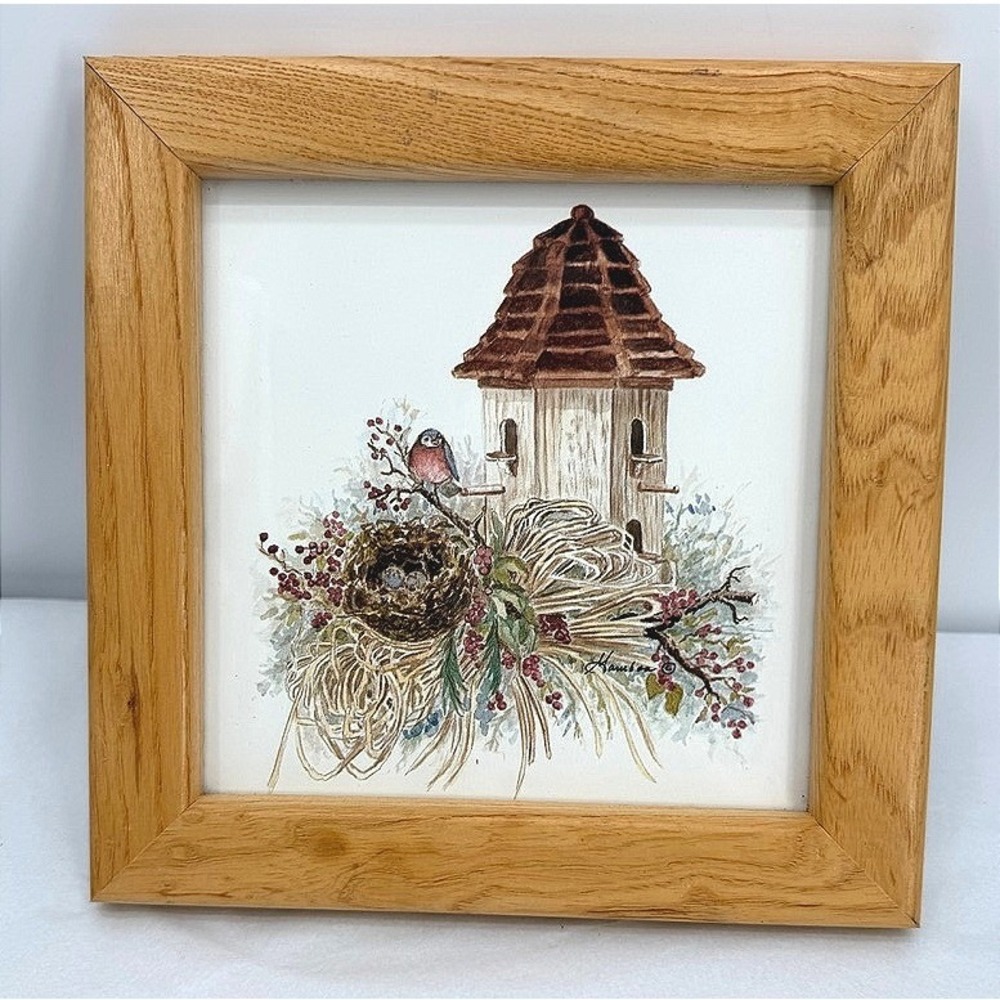 Framed Print Bird Nest with Birdhouse Hambon Art Wall Decor Signed‎ Square